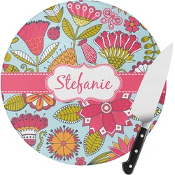 Wild Flowers Round Glass Cutting Board - Small (Personalized)