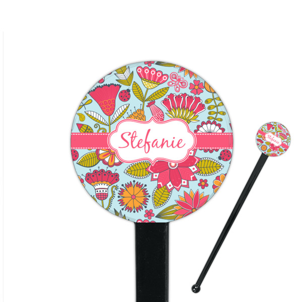 Custom Wild Flowers 7" Round Plastic Stir Sticks - Black - Double Sided (Personalized)