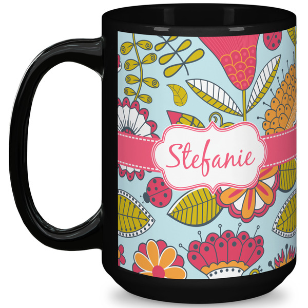 Custom Wild Flowers 15 Oz Coffee Mug - Black (Personalized)