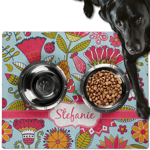 Custom Wild Flowers Dog Food Mat - Large w/ Name or Text