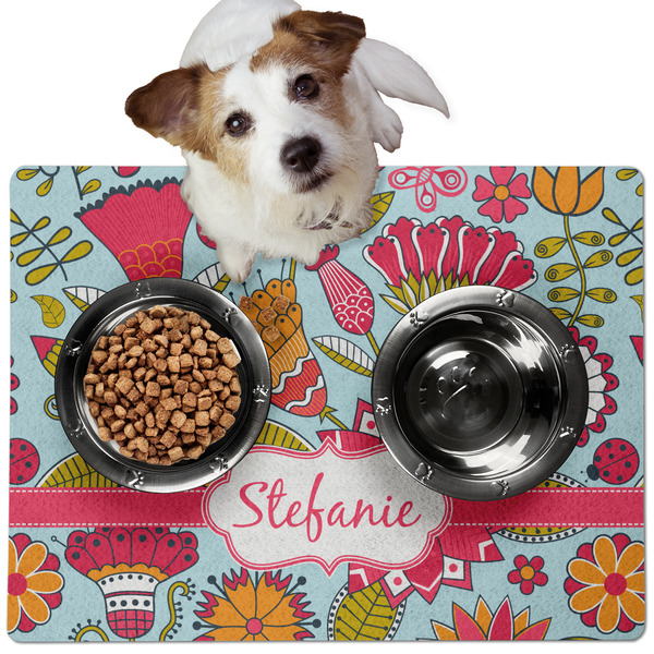 Custom Wild Flowers Dog Food Mat - Medium w/ Name or Text