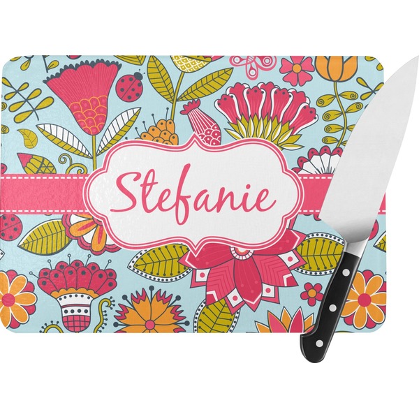 Custom Wild Flowers Rectangular Glass Cutting Board - Large - 15.25"x11.25" w/ Name or Text