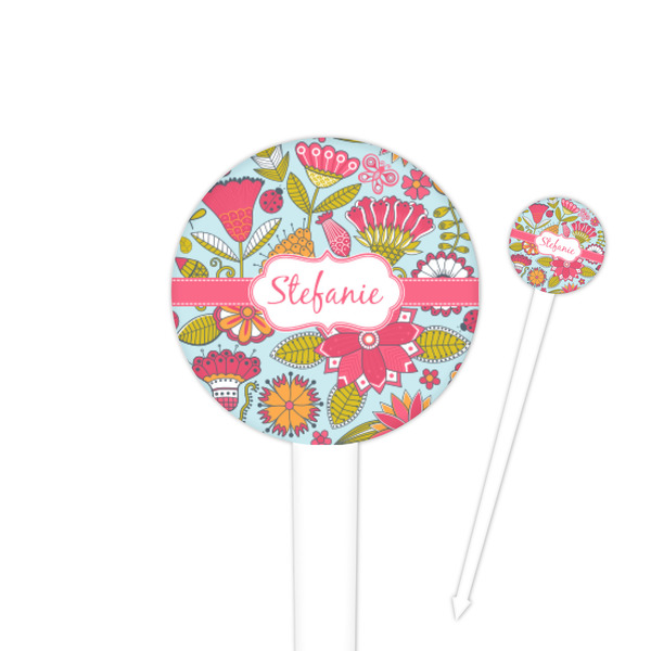 Custom Wild Flowers 4" Round Plastic Food Picks - White - Single Sided (Personalized)