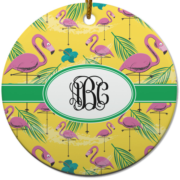 Custom Pink Flamingo Round Ceramic Ornament w/ Monogram