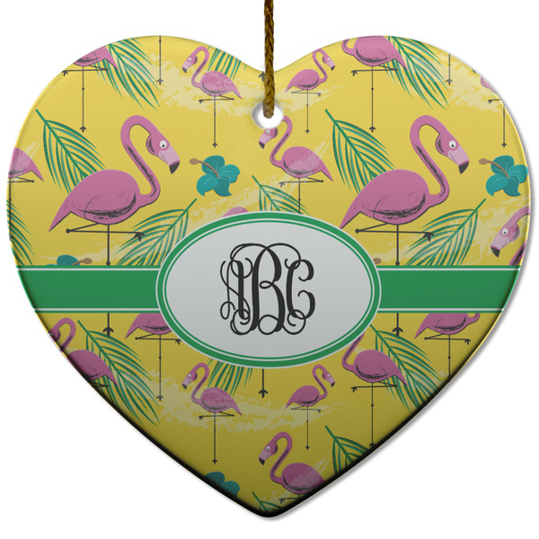 Custom Pink Flamingo Heart Ceramic Ornament w/ Monogram