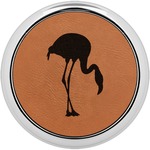 Pink Flamingo Leatherette Round Coaster w/ Silver Edge