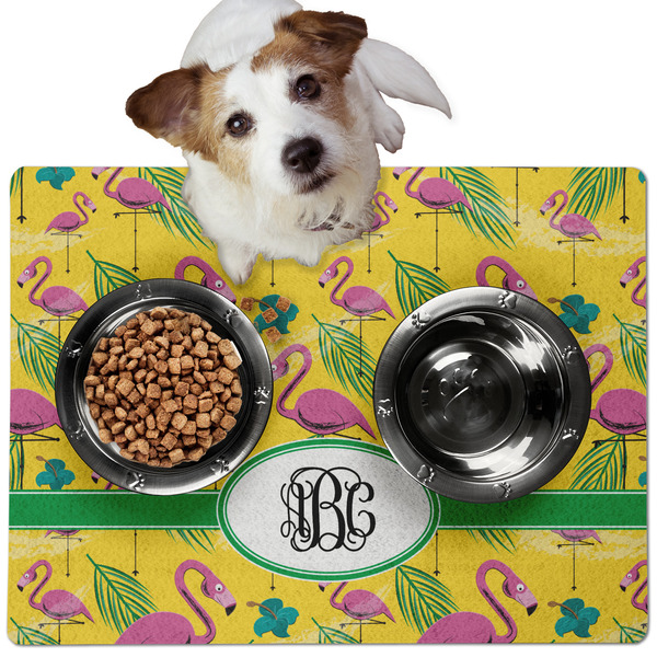 Custom Pink Flamingo Dog Food Mat - Medium w/ Monogram