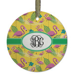 Pink Flamingo Flat Glass Ornament - Round w/ Monogram