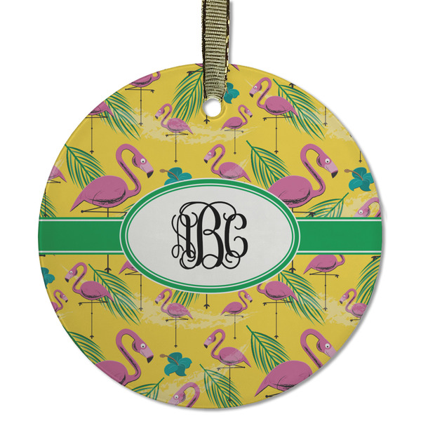 Custom Pink Flamingo Flat Glass Ornament - Round w/ Monogram