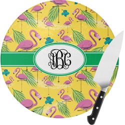 Pink Flamingo Round Glass Cutting Board - Medium (Personalized)