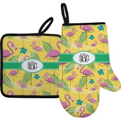 Pink Flamingo Right Oven Mitt & Pot Holder Set w/ Monogram