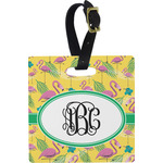 Pink Flamingo Plastic Luggage Tag - Square w/ Monogram