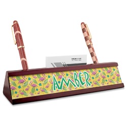 Pink Flamingo Red Mahogany Nameplate with Business Card Holder (Personalized)