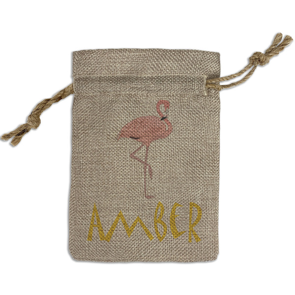 Custom Pink Flamingo Small Burlap Gift Bag - Front