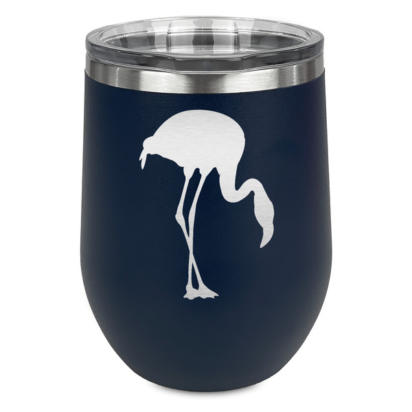 Custom Pink Flamingo Stemless Stainless Steel Wine Tumbler - Navy - Double Sided