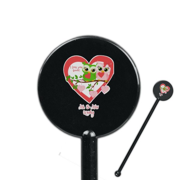 Custom Valentine Owls 5.5" Round Plastic Stir Sticks - Black - Double Sided (Personalized)