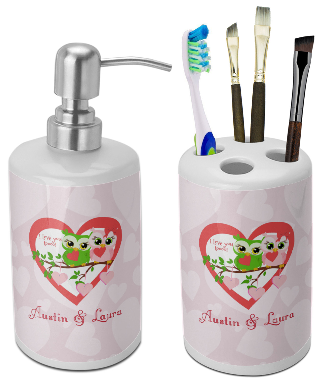 Valentine Owls Bathroom Accessories Set Ceramic Personalized Youcustomizeit