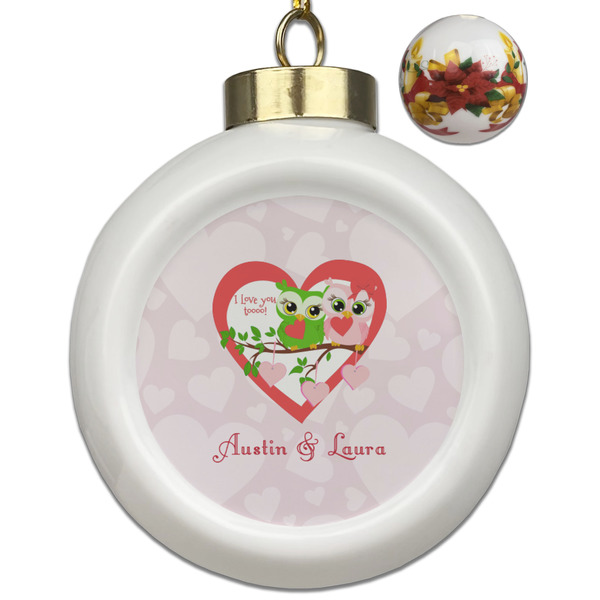 Custom Valentine Owls Ceramic Ball Ornaments - Poinsettia Garland (Personalized)