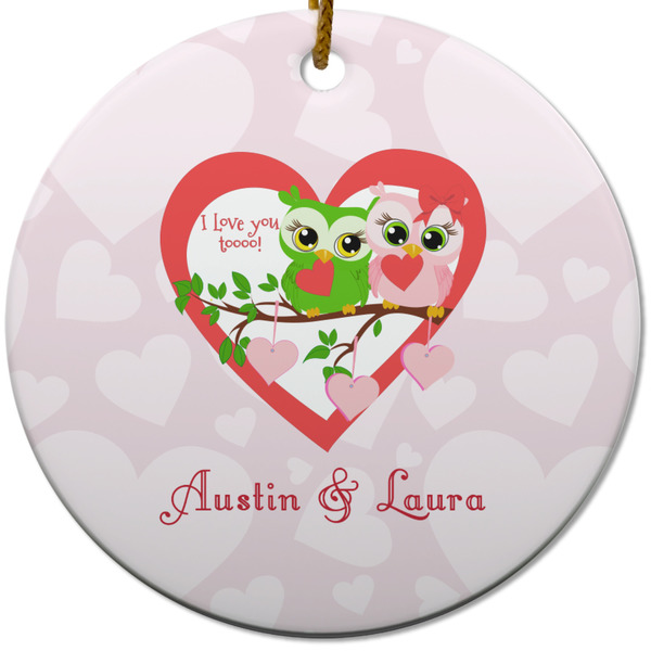 Custom Valentine Owls Round Ceramic Ornament w/ Couple's Names