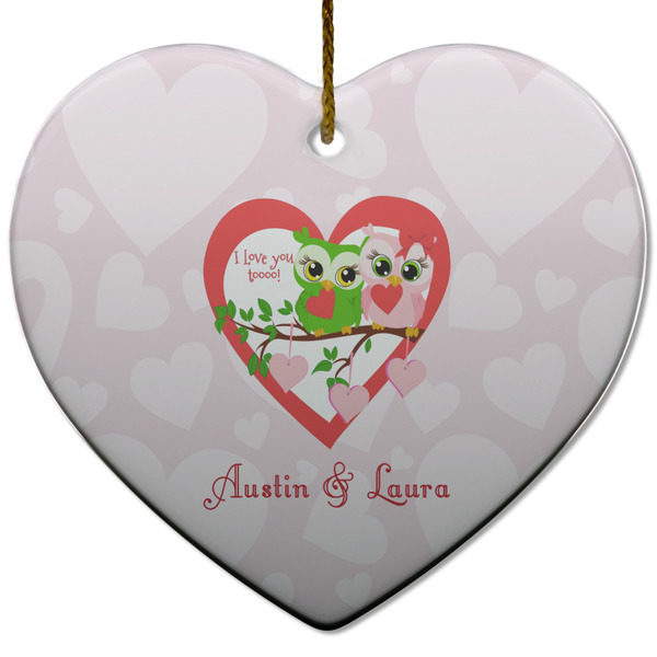 Custom Valentine Owls Heart Ceramic Ornament w/ Couple's Names