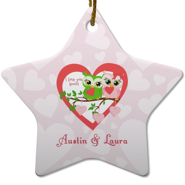 Custom Valentine Owls Star Ceramic Ornament w/ Couple's Names