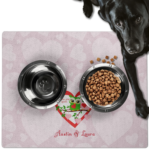 Custom Valentine Owls Dog Food Mat - Large w/ Couple's Names