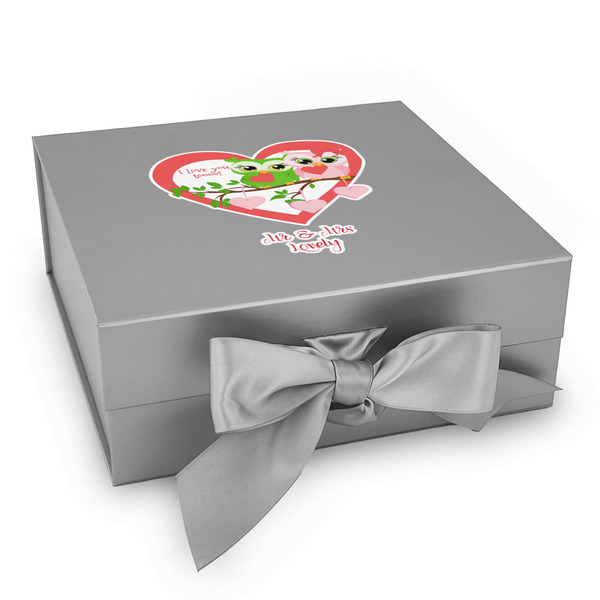 Custom Valentine Owls Gift Box with Magnetic Lid - Silver (Personalized)