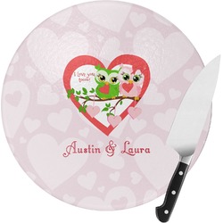 Valentine Owls Round Glass Cutting Board - Medium (Personalized)