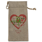 Valentine Owls Large Burlap Gift Bag - Front (Personalized)