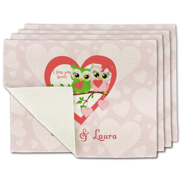 Custom Valentine Owls Single-Sided Linen Placemat - Set of 4 w/ Couple's Names