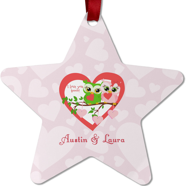 Custom Valentine Owls Metal Star Ornament - Double Sided w/ Couple's Names