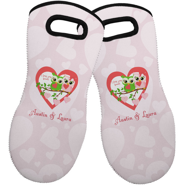 Custom Valentine Owls Neoprene Oven Mitts - Set of 2 w/ Couple's Names