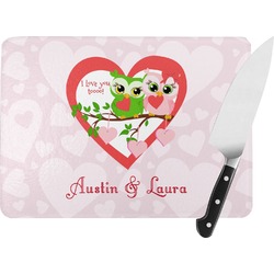 Valentine Owls Rectangular Glass Cutting Board - Large - 15.25"x11.25" w/ Couple's Names