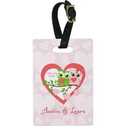 Valentine Owls Plastic Luggage Tag - Rectangular w/ Couple's Names