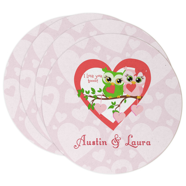 Custom Valentine Owls Round Paper Coasters w/ Couple's Names