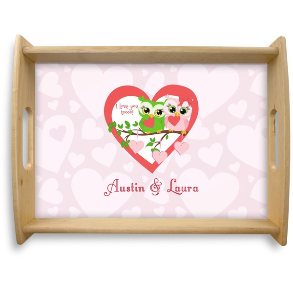 Custom Valentine Owls Natural Wooden Tray - Large (Personalized)