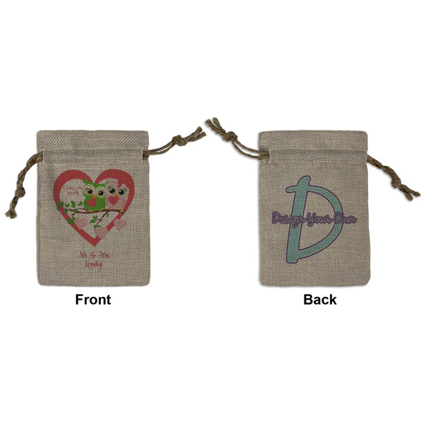 Custom Valentine Owls Small Burlap Gift Bag - Front & Back (Personalized)