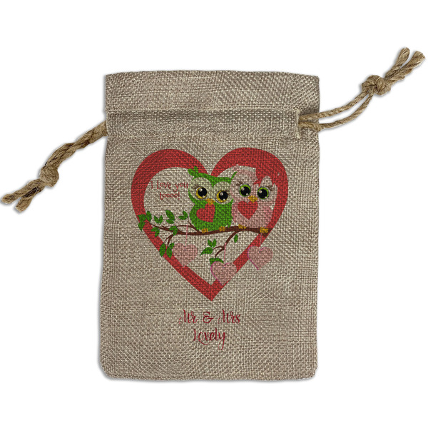 Custom Valentine Owls Small Burlap Gift Bag - Front (Personalized)