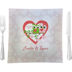 Valentine Owls Glass Square Lunch / Dinner Plate 9.5" (Personalized)