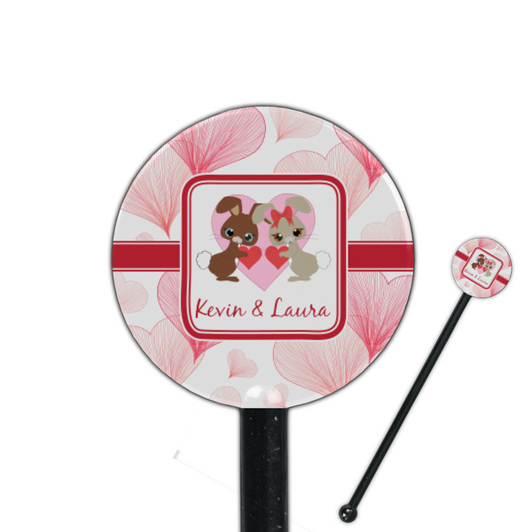 Custom Hearts & Bunnies 5.5" Round Plastic Stir Sticks - Black - Double Sided (Personalized)