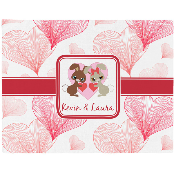 Custom Hearts & Bunnies Woven Fabric Placemat - Twill w/ Couple's Names