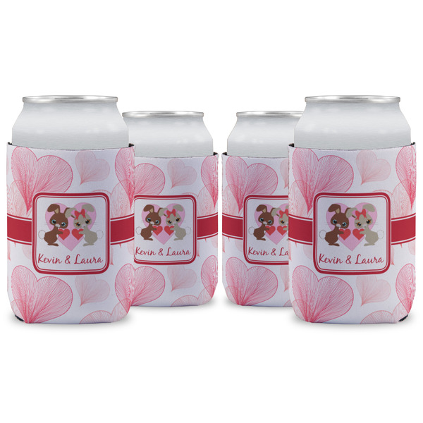 Custom Hearts & Bunnies Can Cooler (12 oz) - Set of 4 w/ Couple's Names