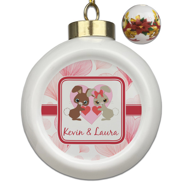 Custom Hearts & Bunnies Ceramic Ball Ornaments - Poinsettia Garland (Personalized)