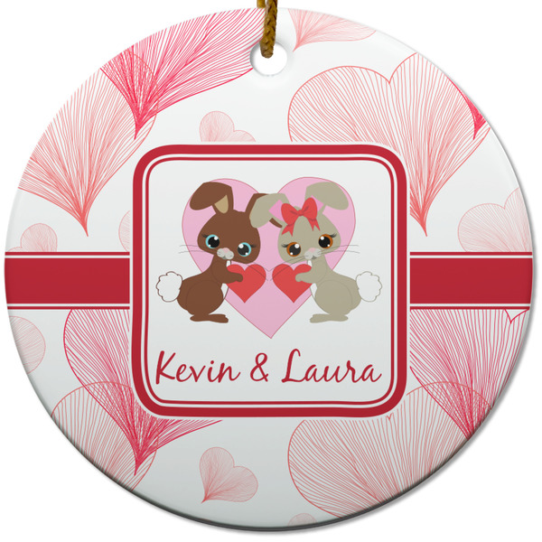 Custom Hearts & Bunnies Round Ceramic Ornament w/ Couple's Names