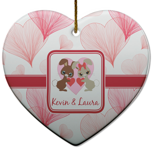 Custom Hearts & Bunnies Heart Ceramic Ornament w/ Couple's Names