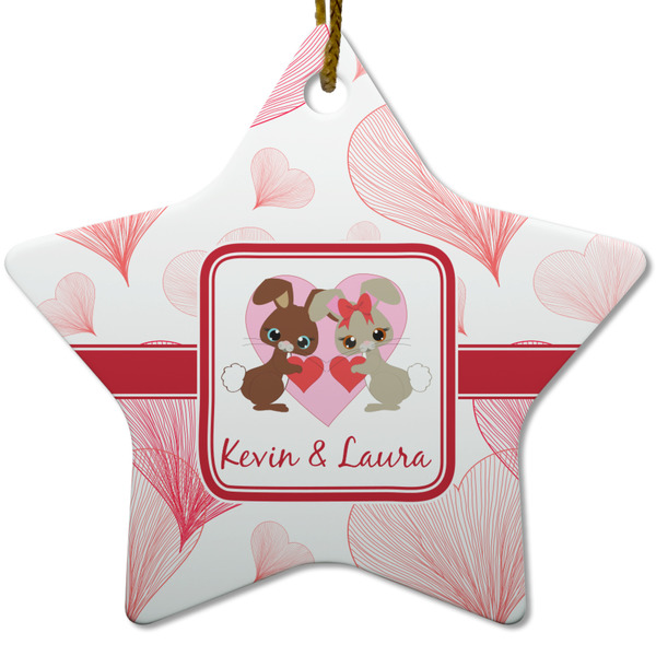 Custom Hearts & Bunnies Star Ceramic Ornament w/ Couple's Names