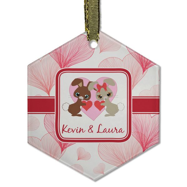 Custom Hearts & Bunnies Flat Glass Ornament - Hexagon w/ Couple's Names