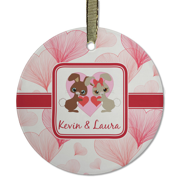 Custom Hearts & Bunnies Flat Glass Ornament - Round w/ Couple's Names