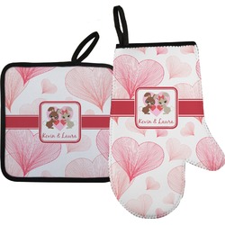 Hearts & Bunnies Oven Mitt & Pot Holder Set w/ Couple's Names