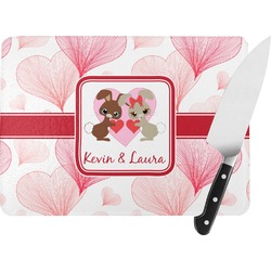 Hearts & Bunnies Rectangular Glass Cutting Board - Large - 15.25"x11.25" w/ Couple's Names